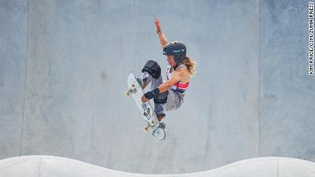 Great Britain's Sky Brown competes in the park skateboarding competition at the Tokyo Olympics, winning the bronze medal.
