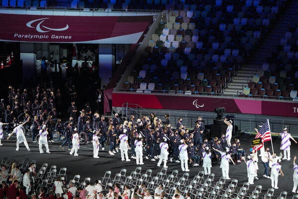 United States Paralympic team players at the Olympic Stadium during the opening ceremony.