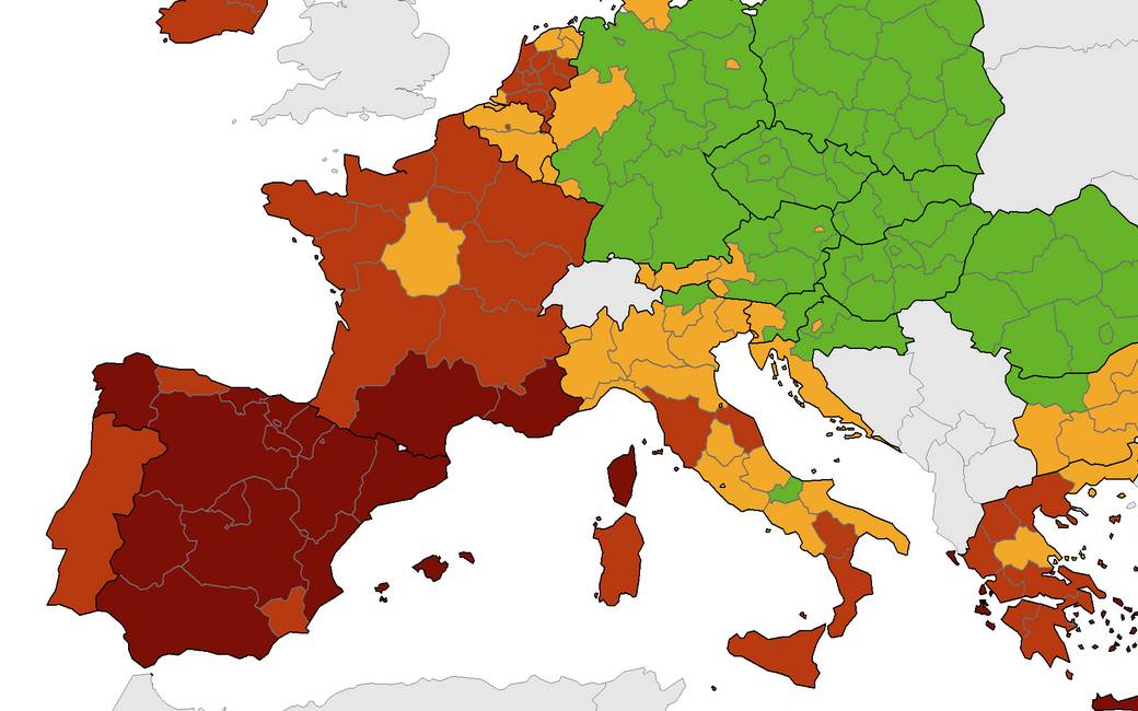 Corona map of the European Center for Disease Prevention with Spain in dark red (August 12)