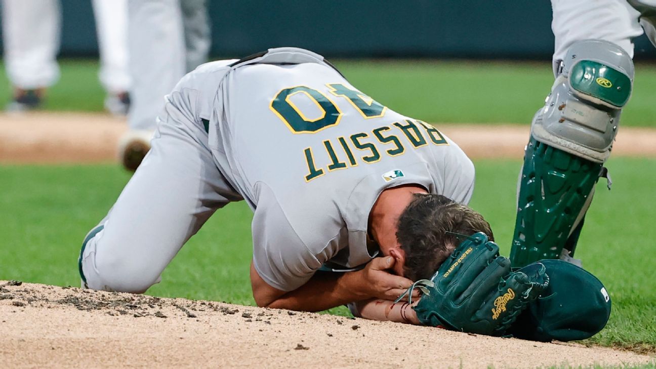 Oakland pitcher Chris Bassett 'conscious and conscious' after driving the line hit him in the head