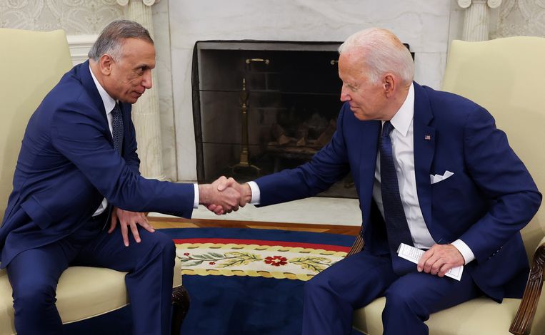US President Joe Biden (right) shakes hands with Iraqi Prime Minister Mustafa al-Qadimi at the Oval Office in the White House.  Image REUTERS