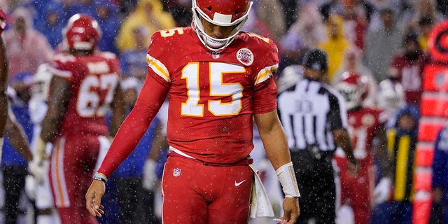 Kansas City Chiefs quarterback Patrick Mahomes hangs his head during the second half of an NFL football game against the Buffalo Bills Sunday, October 10, 2021 in Kansas City, Missouri.