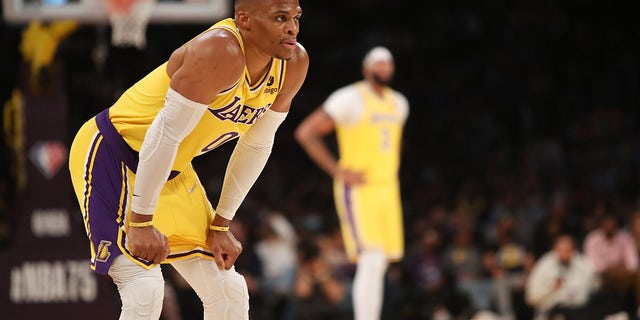     Los Angeles Lakers guard Russell Westbrook (0) during the game against the Golden State Warriors on October 12, 2021 at Staples Center in Los Angeles, California.  Warriors won, 111-99.