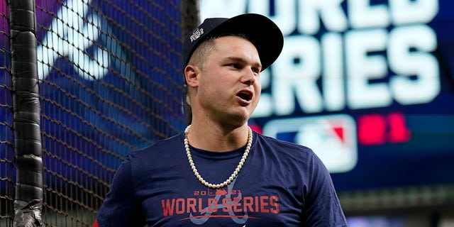 Atlanta Braves right-hander Jock Pederson is seen during batting practice Monday, October 25, 2021, in Houston, in preparation for Game 1 of tomorrow's World Baseball Championship between the Houston Astros and the Atlanta Braves.