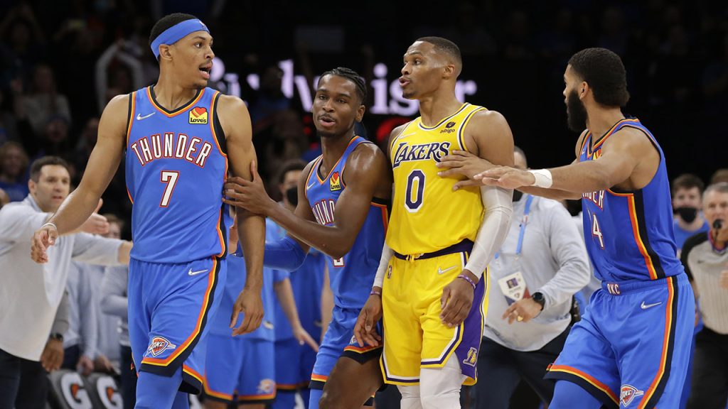 Lakers' Russell Westbrook complains that Thunder player fell late, after he was kicked out of the game