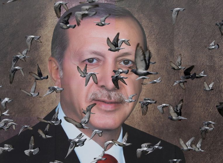 Pigeons pass a large poster of President Erdogan in Bursa, Turkey.  Photo by Goran Tomasevic/Reuters
