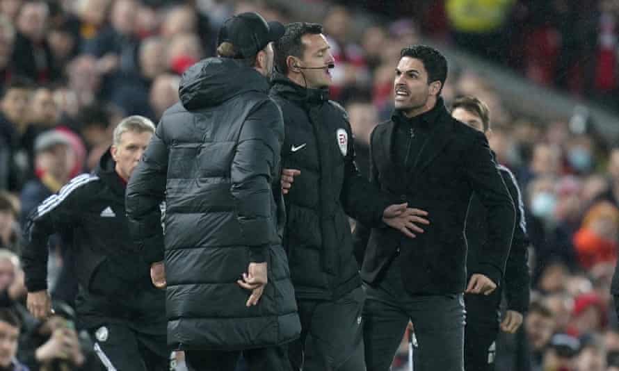 Jurgen Klopp and Mikel Arteta had to move away from each other on the touchline in a flashpoint that seemed to energize the home team players and the crowd.