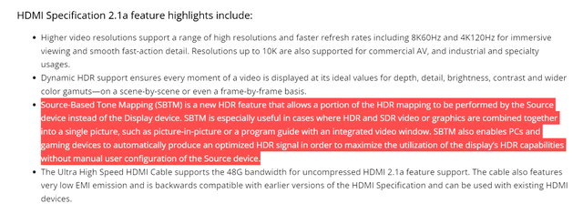 The specification list for the hdmi 2.1a standard has already been omitted, with a segment highlighted on source-based tone mapping (SBTM).