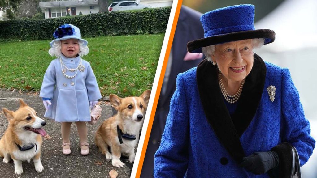 Girl (1) who wears a queen costume gets compliments from the queen