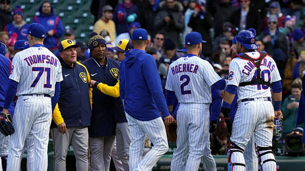 Clean benches at Cubs-Brewers after the HBPs;  Hap's knee X-ray returns negative