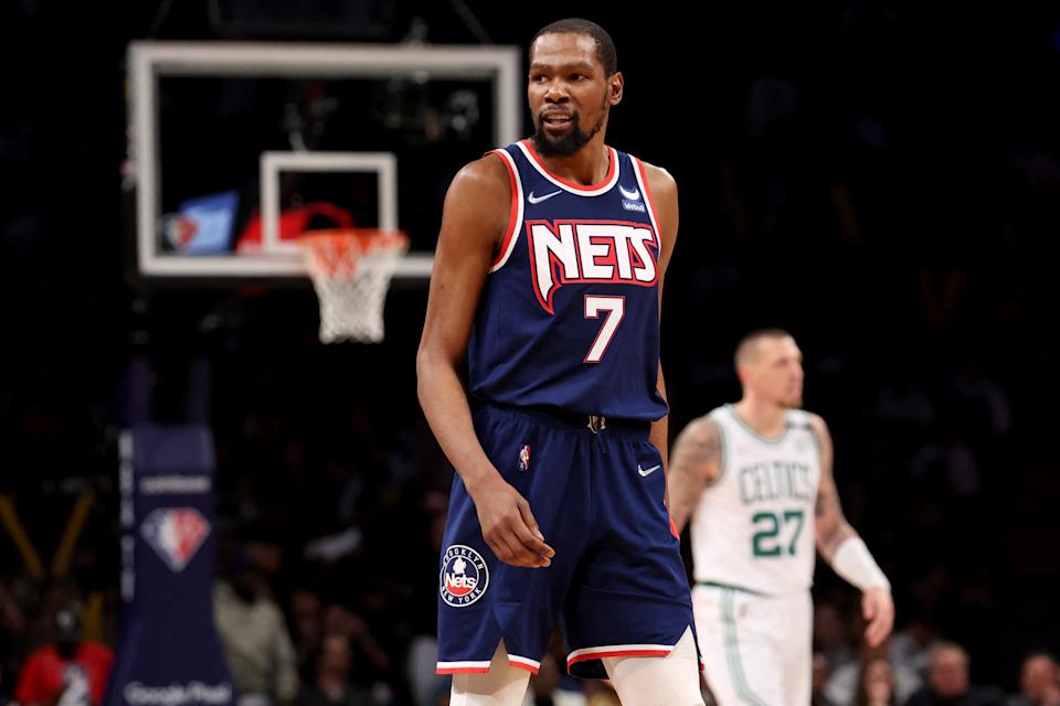 Brooklyn Nets forward Kevin Durant responds during game four of the first round of the NBA playoffs against the Boston Celtics at Barclays Center on April 25, 2022. The Celtics swept the net.  (Brad Benner/USA TODAY Sports)