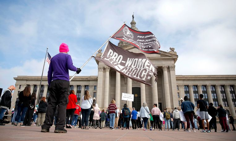 Opponents of Oklahoma's new strict abortion law demonstrated outside the state House of Representatives in Oklahoma City in early April.  Image AP