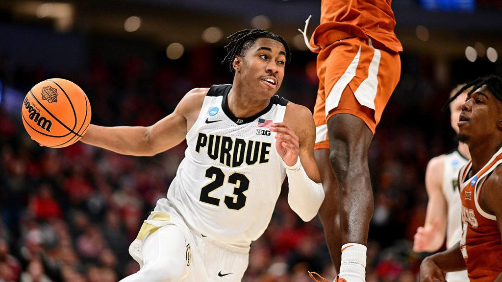Jaden Ivey #23 of the Purdue Boilermakers dribbles the ball against the Texas Longhorns during the second round of the 2022 NCAA Men