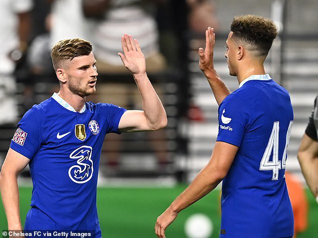 Werner celebrates with Ethan Ampadu after handing Chelsea the lead in Las Vegas