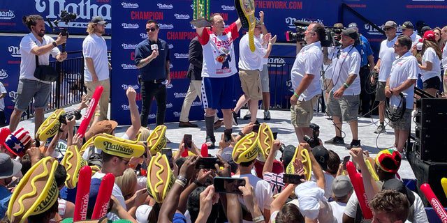 Joey Chestnut won the men's title at Nathan's Famous Hot Dog Eating in Coney Island on July 4, 2022.  