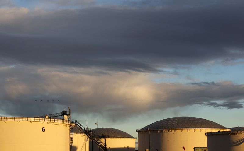 FILE PHOTO: Crude oil storage tanks are seen at the Kinder Morgan terminal in Sherwood Park