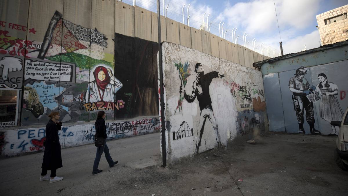 Banksy’s artwork from the Bethlehem Separation Wall is shown at the Tel Aviv Gallery
