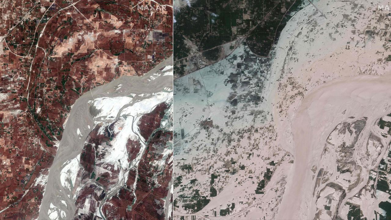 The effect of the floods is clearly visible on the satellite images.  Here you can see how the Indus River overflowed its banks.  On the left the situation on August 24, on the right on August 28.