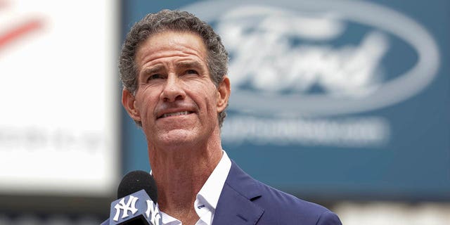 Retired New York Yankees player Paul O'Neill speaks to fans during a retirement party prior to a baseball game between the Yankees and the Toronto Blue Jays, Sunday, August 21, 2022, in New York.