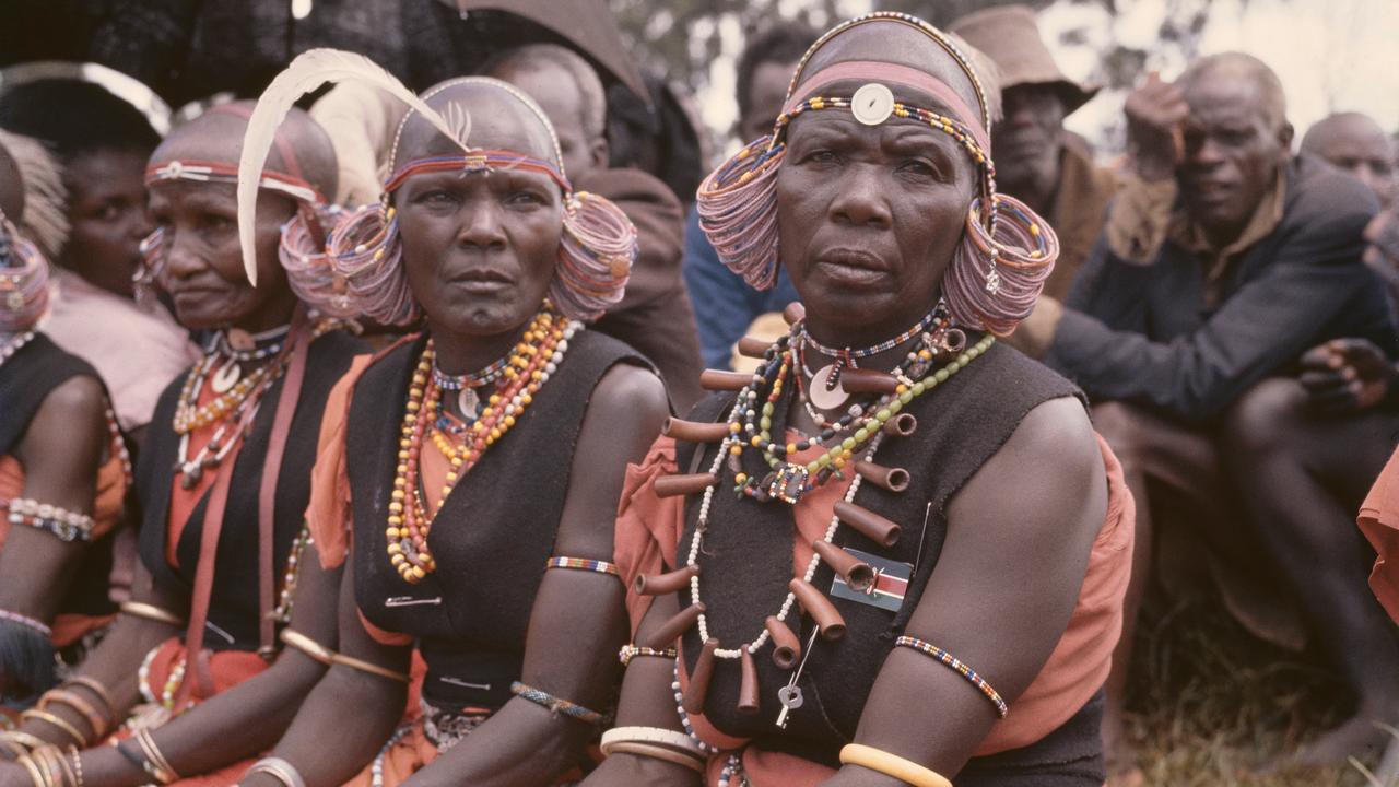 Members of the Kikuyu people of Kenya in 1963. The Kikuyu participated in the Mau Mau uprising.