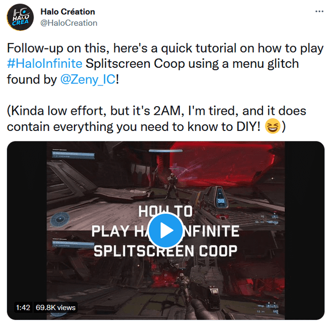 Halo Infinite Local Co-op Glitch Video Tweet