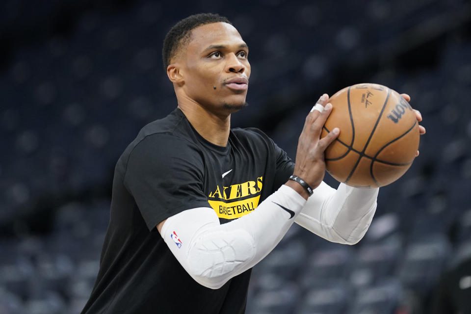 Los Angeles Lakers guard Russell Westbrook before the NBA basketball game against the Minnesota Timberwolves, Friday, October 28, 2022, in Minneapolis.  (AP Photo/Abi Bar)