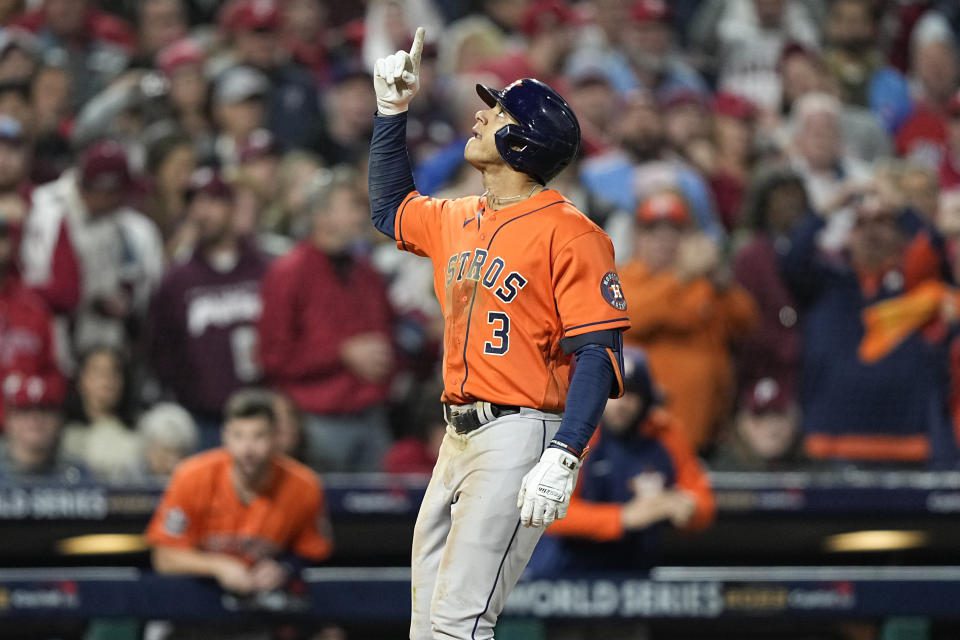 Astros shortstop Jeremy Pena celebrates his home run during the fourth inning of the Game 5 World Championships. (AP Photo/David J. Phillip)