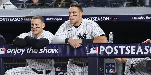 BRONX, NY: New York Yankees first baseman Anthony Rizzo and New York Yankees quarterback Aaron Judge in the dugout in the third inning of Game 4 of the ALCS at Yankee Stadium in Bronx, New York on October 23, 2022.