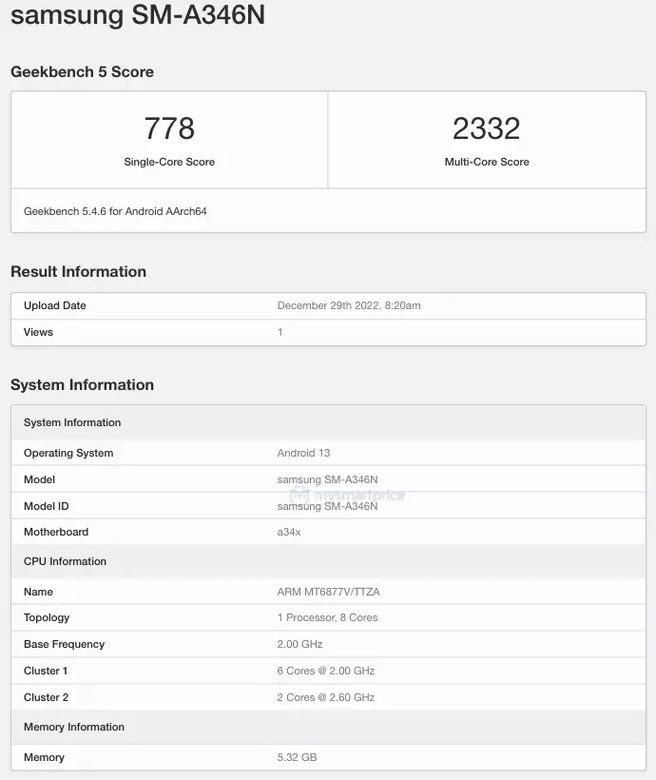 Geekbench Samsung Galaxy A34 5G calculation results