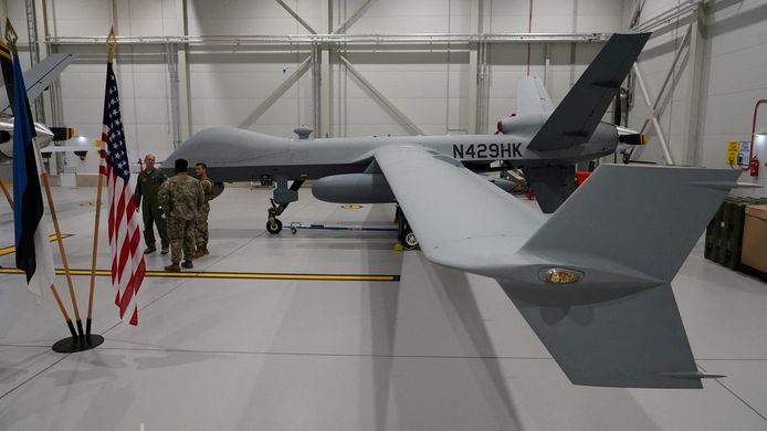 A US MQ-9 surveillance drone in a hangar at Amari Air Force Base in Estonia.