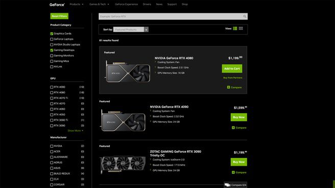Nvidia GeForce Web Store without RTX 30 FEs