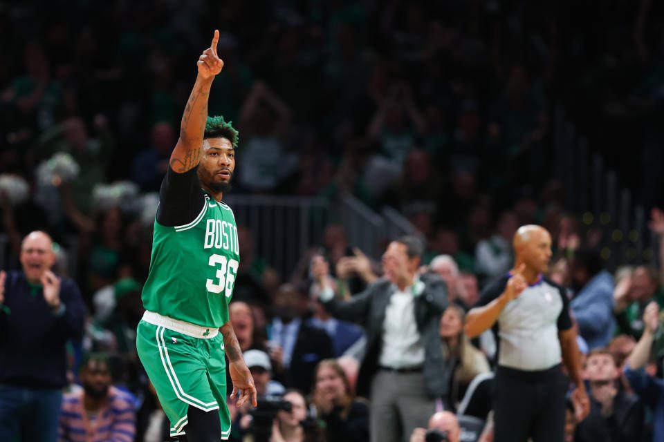 Marcus Smart thanked the Celtics fans for their support over the past nine seasons.  (Photo by Maddie Meyer/Getty Images)