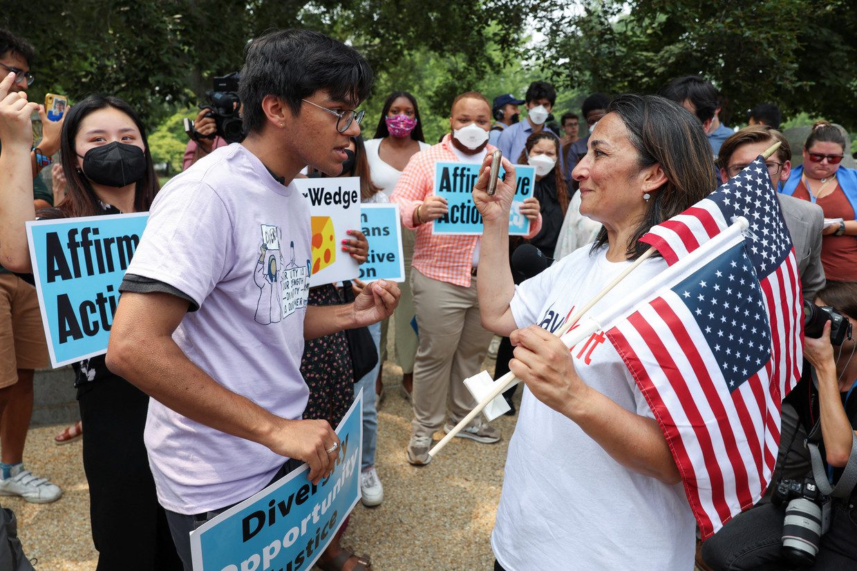 Demonstrators for and against affirmative action in admissions to US universities, Thursday, in Washington.  Reuters photo