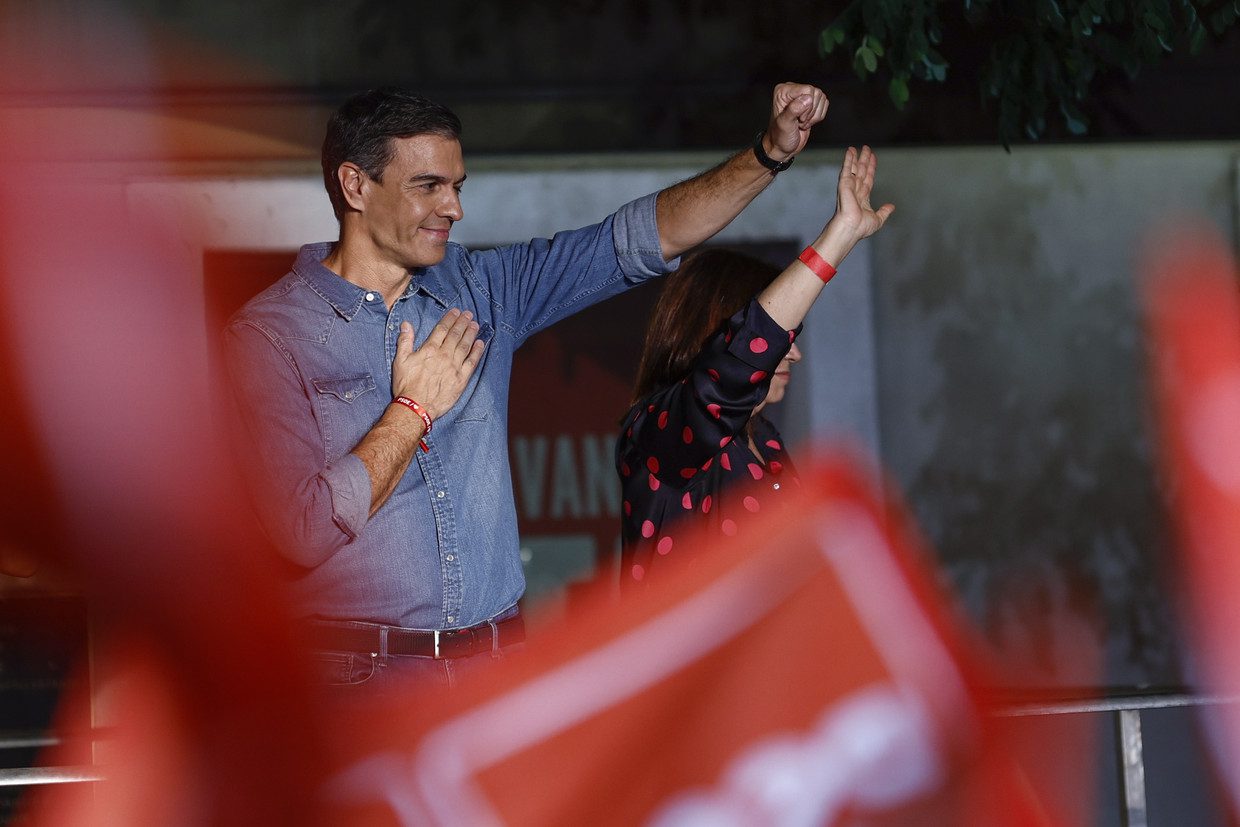 Incumbent Prime Minister of Spain Pedro Sanchez (PSOE) celebrates the ballot box result with his supporters.  ANP/EPA image