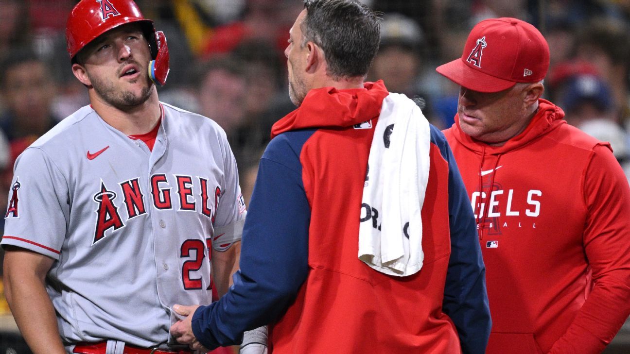The Angels' Mike Trout is out with an injured wrist and awaiting test results
