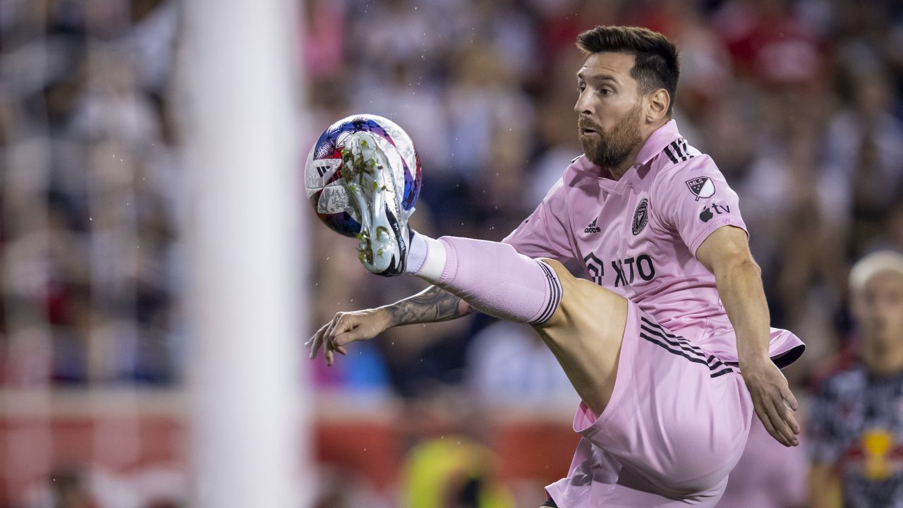 HARRISON, NJ - AUGUST 26: Lionel Messi #10 of Inter Miami attempts to kick the ball into the goal in the second half of the Major League Soccer game against the New York Red Bulls at Red Bull Arena on August 26, 2023 in Harrison, New Jersey.  (Photo by Ira L. Black-Corbis/Getty Images)