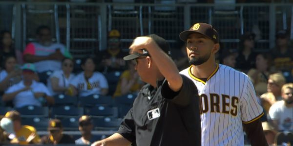 Robert Suarez was ejected while checking for foreign material in the final game against the Marlins