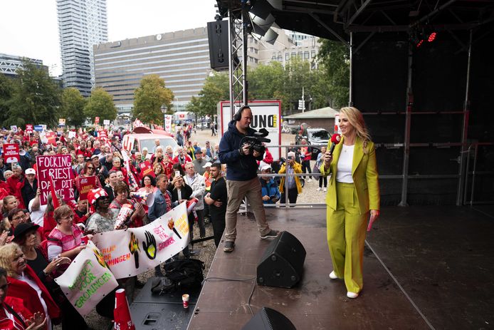 Socialist Party leader Liliane Marinissen during the Budget Day protest in Cocamp, in the run-up to Budget Day.