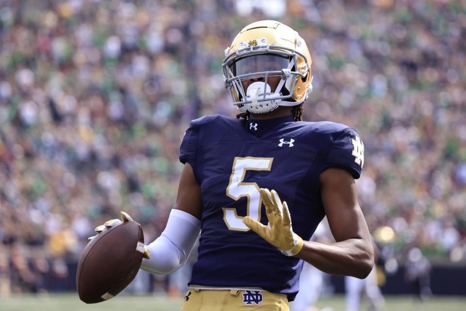 SOUTH BEND, INDIANA - SEPTEMBER 16: Tobias Meriwether #5 of the Notre Dame Fighting Irish celebrates a touchdown during the first half of the game against the Central Michigan Chippewas at Notre Dame Stadium on September 16, 2023 in South Bend, Indiana.  (Photo by Justin Casterline/Getty Images)