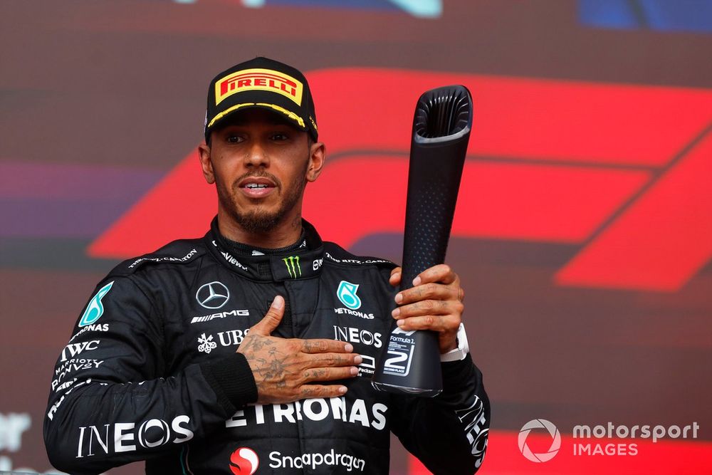 Lewis Hamilton, Mercedes AMG, second place with his trophy