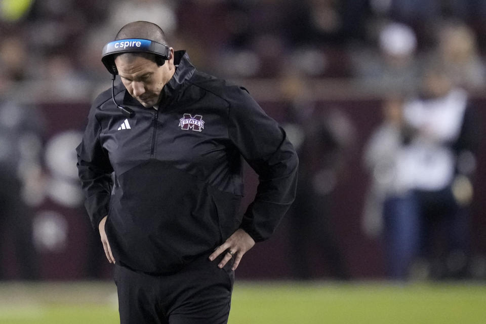 Mississippi State coach Zach Arnett reacts after missing a field goal against Texas A&M during the second half of an NCAA college football game on Saturday, Nov. 11, 2023, in College Station, Texas.  (AP Photo/Sam Kraft)