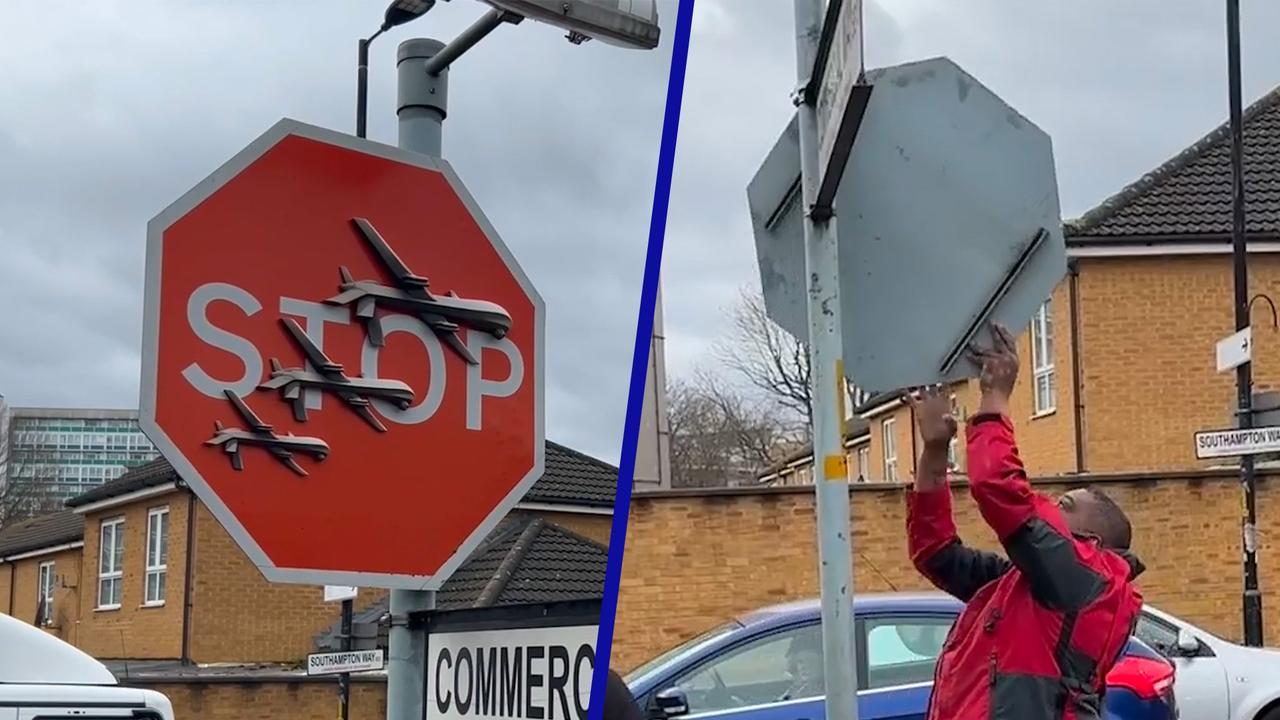 Beeld uit video: Dieven in Londen jatten kunstwerk van Banksy vlak na plaatsing