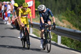 Col de la Coyole France July 20, 2024 Tadej Pogacar of Slovenia and UAE Team Emirates, and Jonas Vingegaard Hansen of Denmark and Visma Les A Bike Team, compete in the pursuit group during stage 20 of the 2024 Tour de France, a 1,328-kilometre stage from Nice to the Col de la Coyole (1,676 metres UCIWT classification) on July 20, 2024 in Col de la Coyole France. Photo by Dario Bellingheri, Getty Images