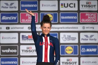 STIRLING, Scotland, Aug. 10 (Reuters) - Gold medalist Chloe Dygert of the United States celebrates her victory during the medal ceremony after the women's individual time trial over 362 km from Stirling to Stirling at the 96th UCI World Championships, Glasgow 2023, Day 8, UCI World Championships on Aug. 10, 2023 in Stirling, Scotland. Photo by Dario Bellingheri, Getty Images